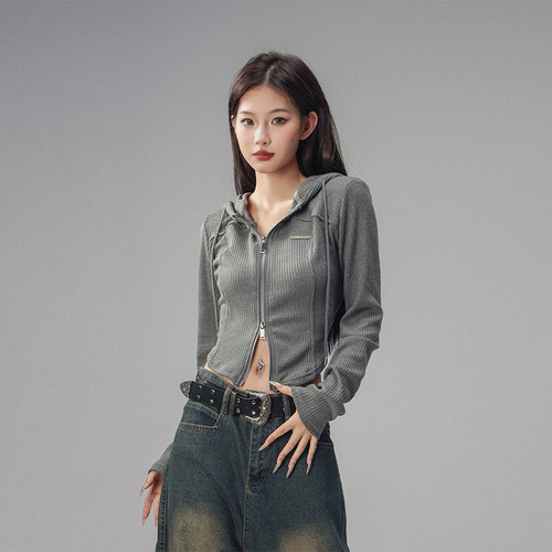 CTB啤酒队长 美式辣妹双拉链针织开衫外套女修身连帽设计感上衣春
