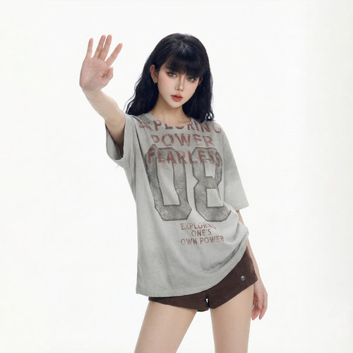 CTB啤酒队长夏季美式复古高街扎染数字印花圆领宽松短袖T恤女ins