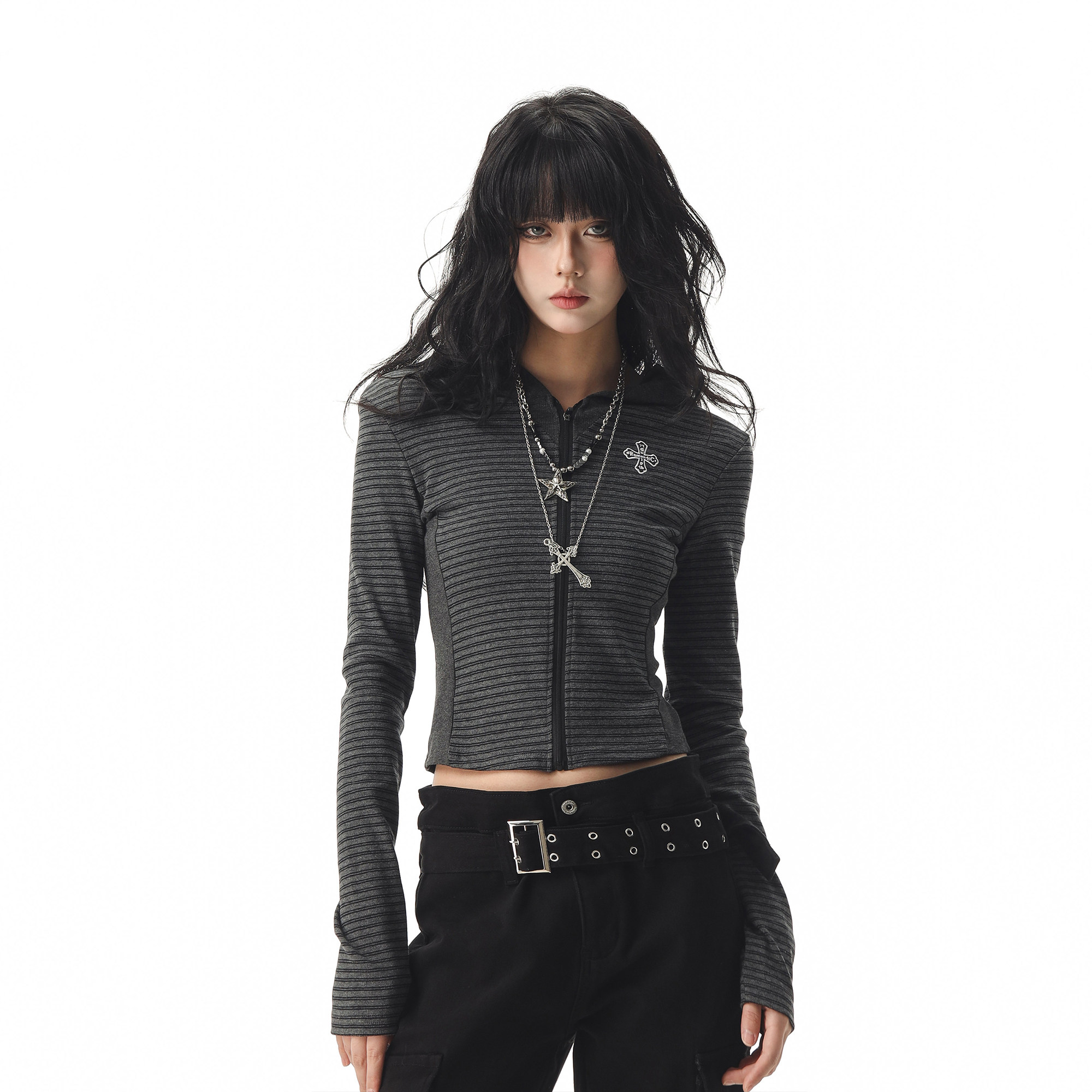 CTB啤酒队长 美式朋克暗黑辣妹条纹短外套女秋季薄款长袖上衣潮