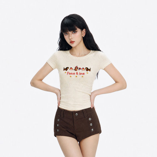 CTB啤酒队长 美式复古小狗刺绣短袖T恤女设计感百搭显瘦上衣甜妹