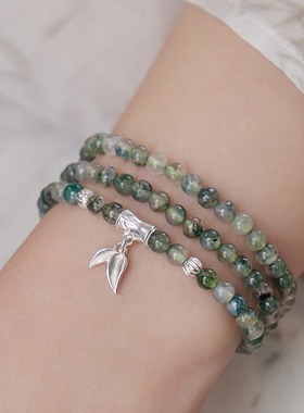 绿竹天然水草玛瑙纯银竹节手链女多圈手串古风新中式礼物2024新款