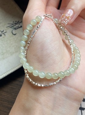 天然和田玉925纯银双层手链礼物