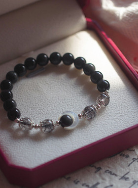 天然黑曜石白水晶情侣手链礼物