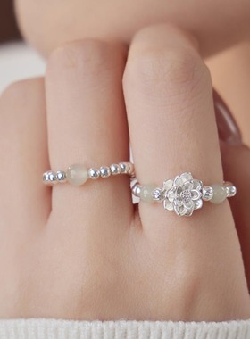 初荷天然和田玉s925纯银戒指女款食指玉石新中式素圈闺蜜女友礼物