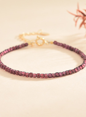 天然水晶手链3mm酒红石榴石切面手链女14K包金水晶手串小礼物饰品