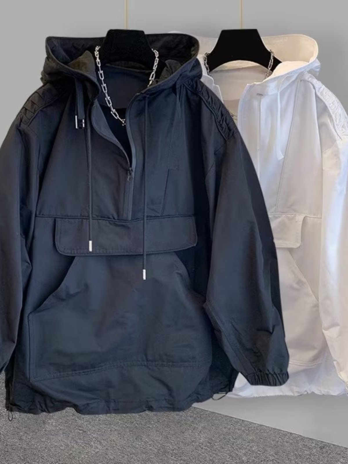 TRENDY BRAND BIG POCKET CARGO HALF ZIPPER HOODED PULLOVER SWEATSHIRT JACKET MENS NEW TREND LOOSE JACKET WINDBREAKER