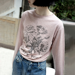 低领手绘印花牦牛毛长袖 caicaicai T恤 NEW