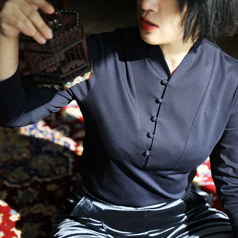 桃知窈窈秋装新品/汉服领口 T恤上衣长袖纯棉百搭女士打底衫