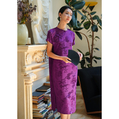 紫色蔷薇 文艺中式 夏季 桃知窈窈改良旗袍 圆领短袖 宽松旗袍裙纯色