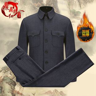 秋冬棉衣中山装男中老年套装老年人中山服老人爷爷爸爸装加绒加厚