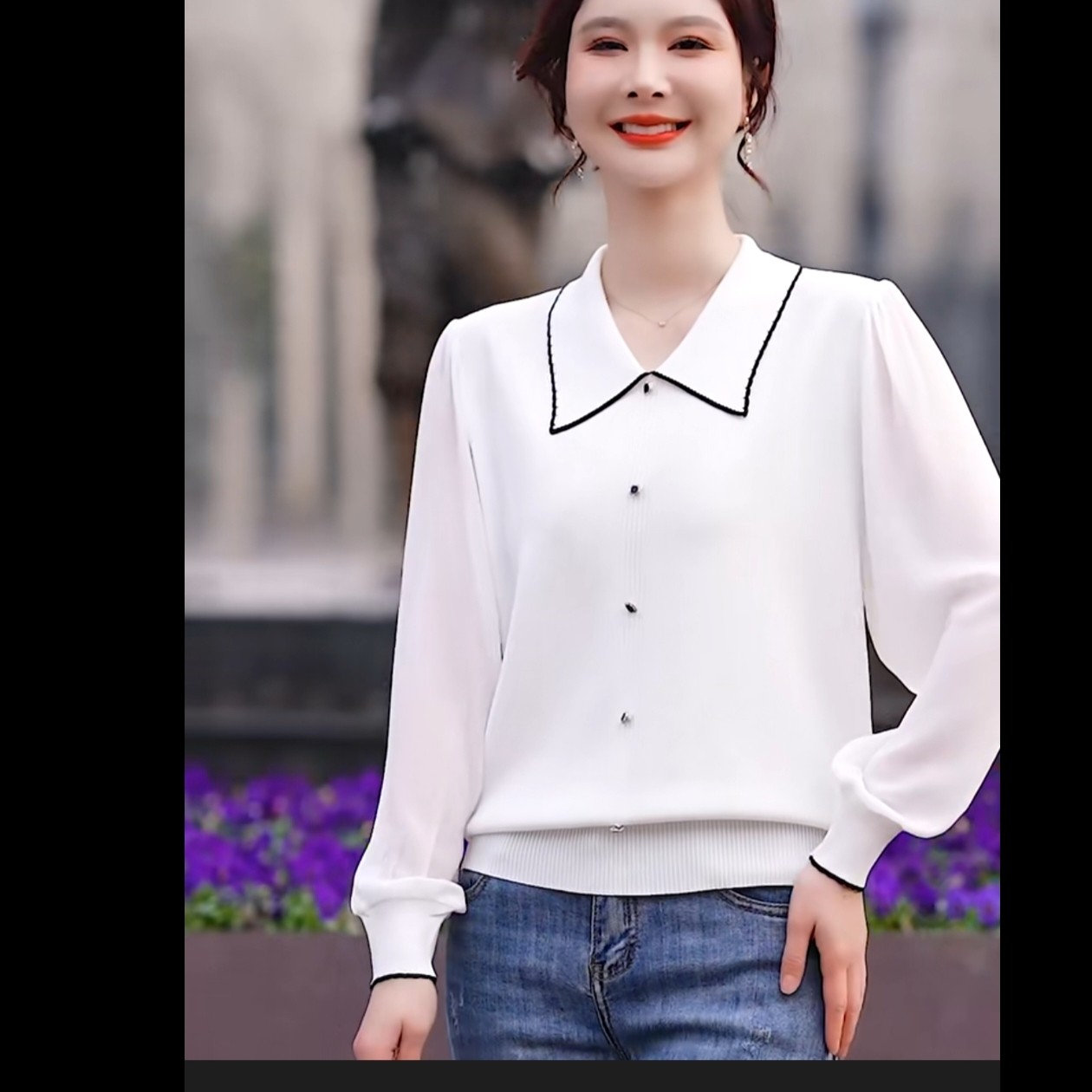 春夏新款针织毛衣女雪纺拼接毛衣翻领款式新品秋天新款时尚女上衣