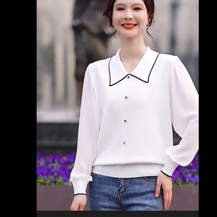 春夏新款针织毛衣女雪纺拼接毛衣翻领款式新品秋天新款时尚女上衣
