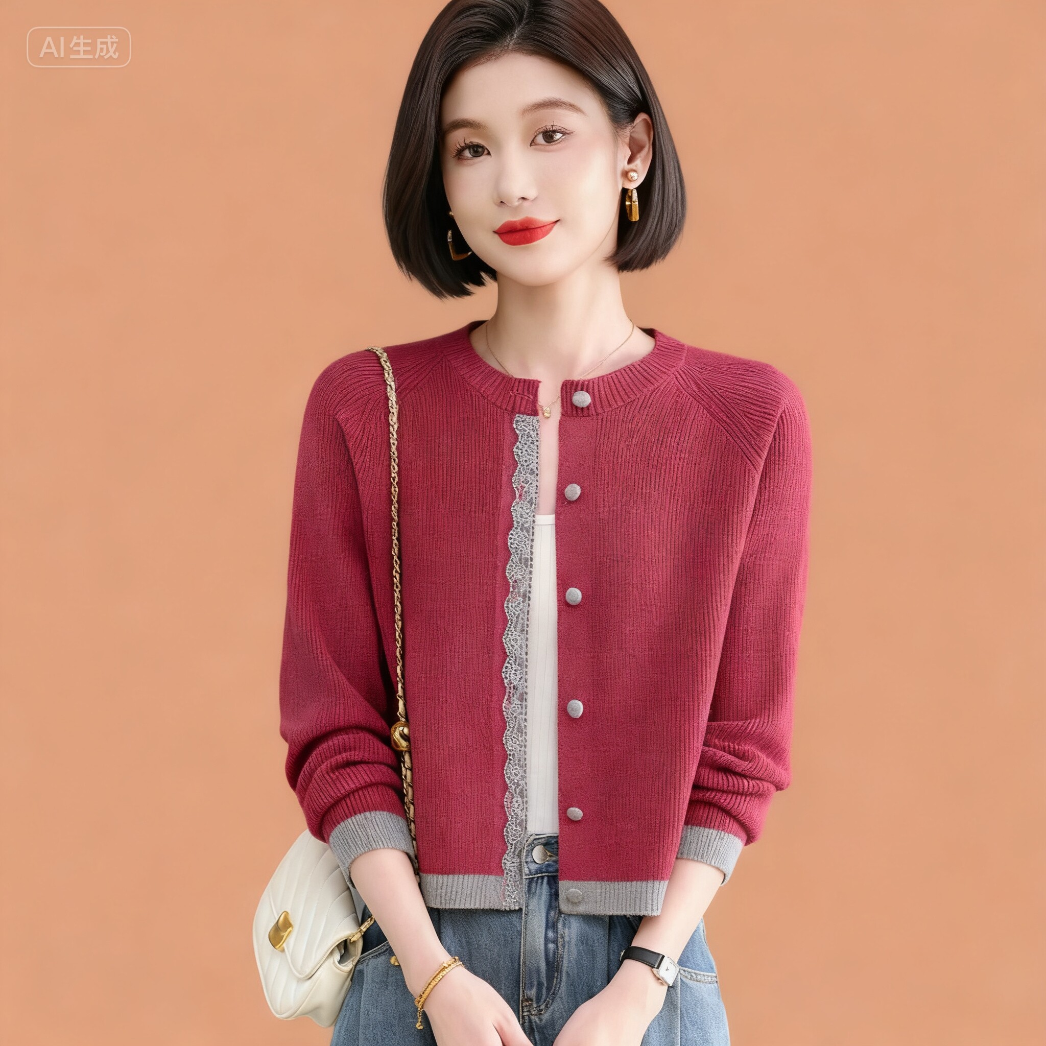 春秋小个子短款针织外套女中年翻领新款秋季外搭配裙子毛衣小开衫