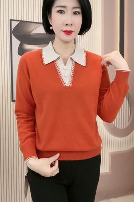 翻领毛衫女假两件上衣秋装2025新款时尚洋气春秋妈妈针织打底衫