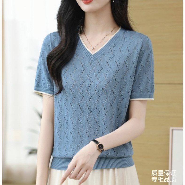 夏季莱赛尔天丝正品针织衫宽松百搭真丝镂空短袖遮肉显瘦洋气上衣