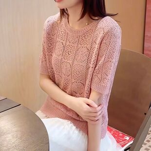 冰丝薄款针织衫短袖t恤女装新款高腰洋气小个子夏季短款镂空上衣