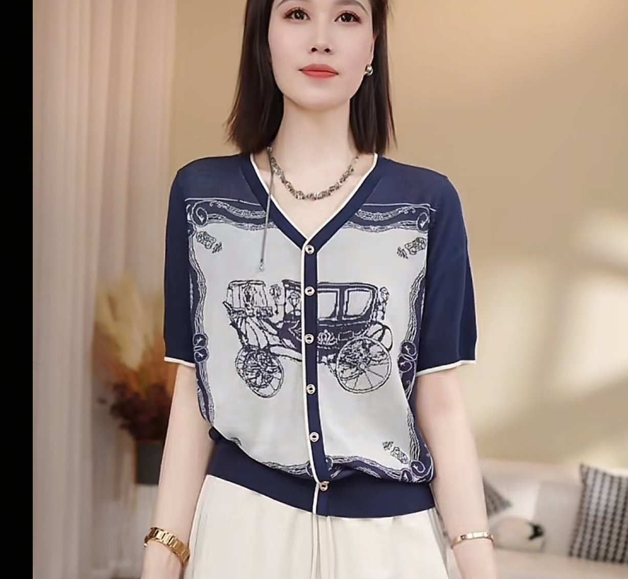 莱赛尔天丝夏季新款撞色提花V领短袖针织女装洋气百搭显瘦冰丝T恤