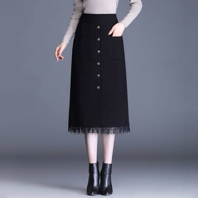 针织半身裙女春秋冬新款中长款包臀裙收腰显瘦高腰口袋A字冬裙