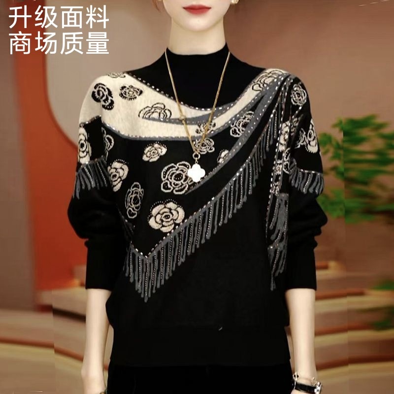 气质轻奢流苏披肩印花针织毛衣女E秋冬款圆领长袖洋气减龄针织衫