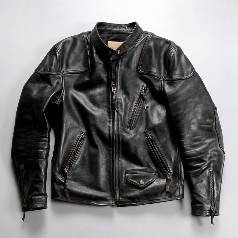 茶芯马皮毒液皮衣 美式硬汉机车皮夹克 潮男立领修身真皮外套