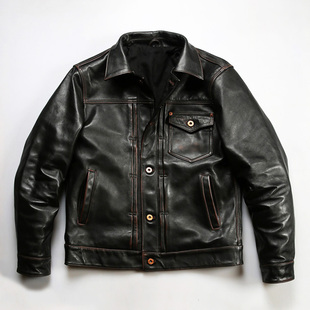 复古休闲牛仔506茶芯牛皮皮衣男 阿美咔叽做旧真皮夹克 翻领修身