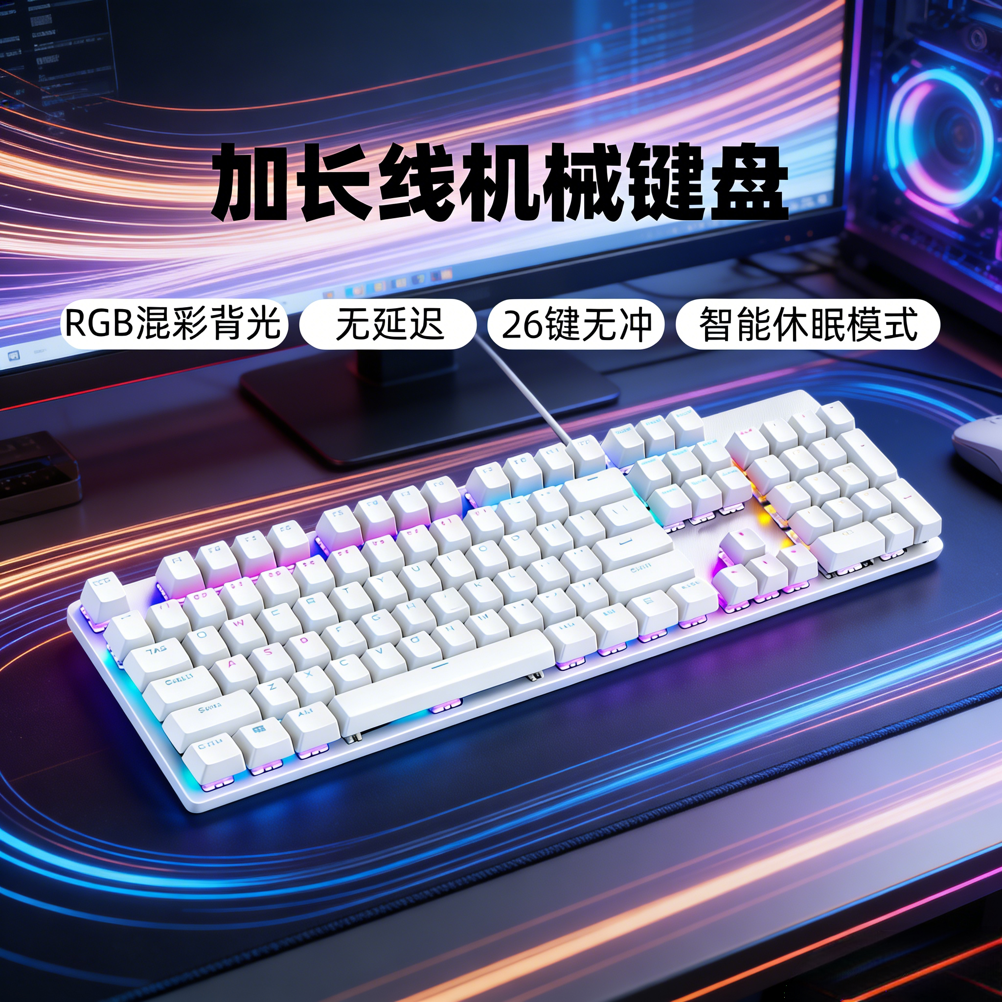 加长线白色机械键盘2/3/5/10米背光104键吃鸡办公游戏电竞