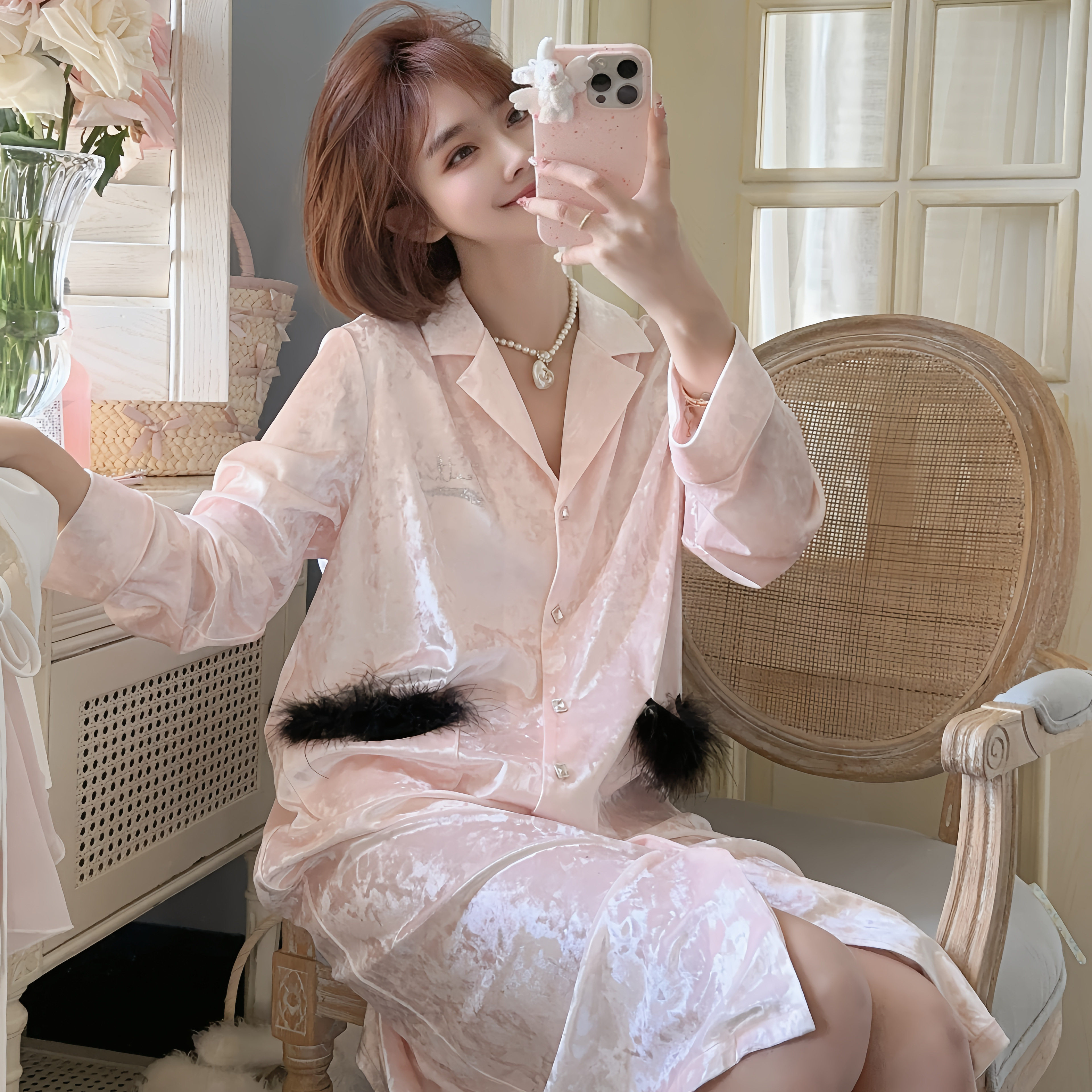 天使觅睡衣女金丝绒高级感时尚羽毛睡裙中长款衬衫式金钻绒家居服