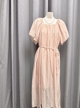 LZHOUSE 2025夏款粉色方领泡袖刺绣宽松连衣裙