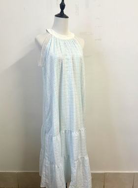 LZHOUSE  新款上市 拼蕾丝边撞色格子挂脖连衣裙大长裙