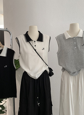 LZHOUSE撞色翻领冰丝针织衫女夏季直筒百搭韩系简约气质上衣