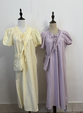 LZHOUSE 2025夏新款 梆领泡泡袖棉麻连衣裙长裙 带包包