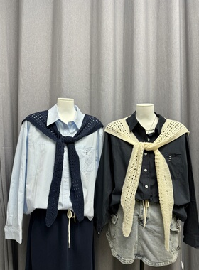 LZHOUSE 2025新款两件套刺绣口袋棉宽松衬衫配针织披肩