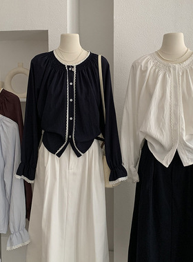 LZHOUSE 小清新拼接蕾丝花边领宽松长袖纯色单排扣衬衫上衣女