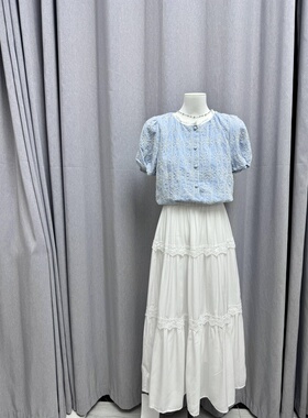 LZHOUSE 重工车花温柔显瘦上衣+半身拼接蕾丝白长裙子