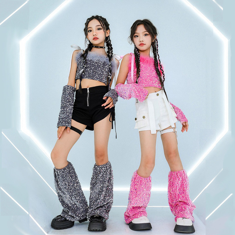 女童爵士舞服装嘻哈亮片粉套装吊带背心短裤袜套街舞演出服潮走秀,童装/婴儿装/亲子装,儿童演出服,淘宝优惠券,粉丝福利购,淘宝优惠卷