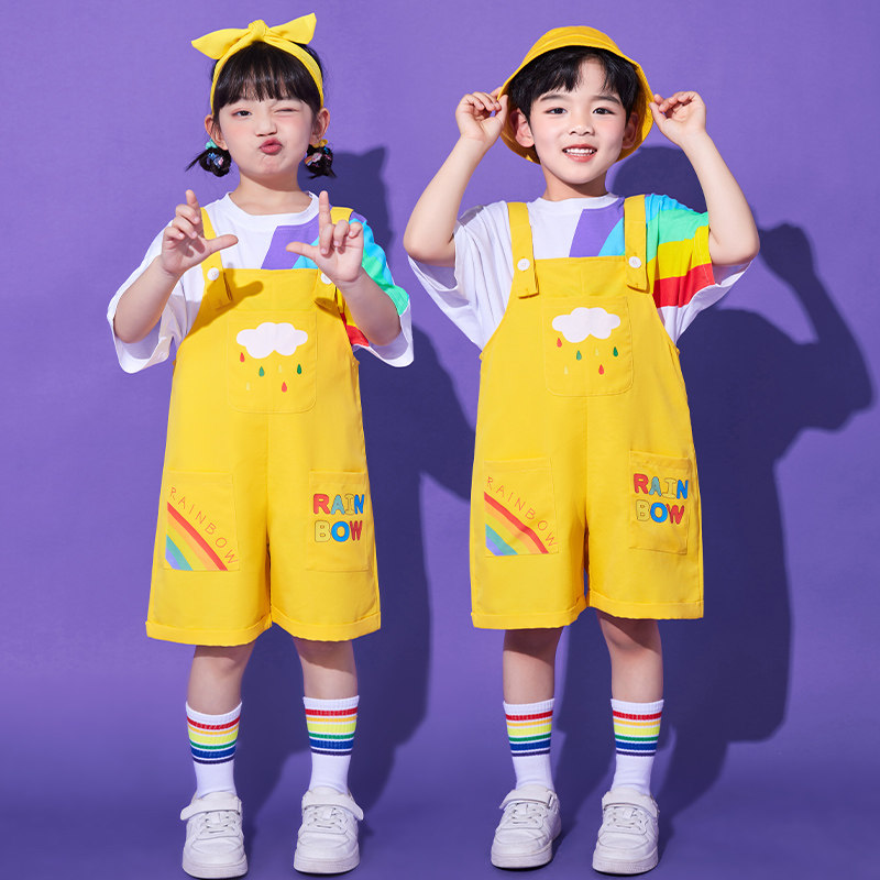 儿童啦啦队表演服幼儿园背带裤可爱彩虹小学生运动会开幕式演出服