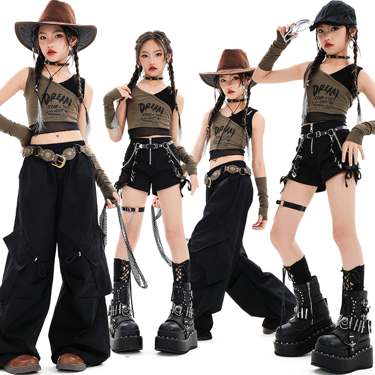 少儿爵士舞服装夏天女童露脐军绿上衣套装女孩jazz街舞潮服表演服