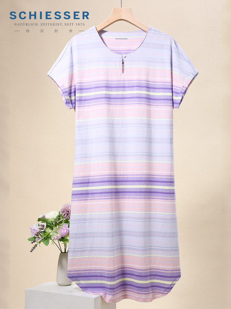 德国舒雅女士家居服纯棉条纹圆领短袖睡裙春夏款简约气质短袖中裙