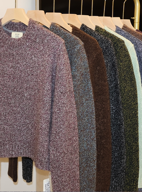 J家 3针单边羊绒锦纶圆领套头圈圈纱短款针织毛衣女16670