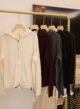 J家 7针柳条柔软羊绒拉链连帽针织开衫休闲减龄外套66661