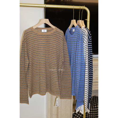 J家 16针单边亚麻真丝混纺松弛显瘦透气条纹针织套头上衣6352