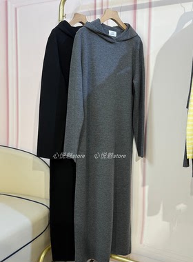 J家 美丽奴羊毛16针打基宽松显瘦连帽套头针织连衣裙长裙6915