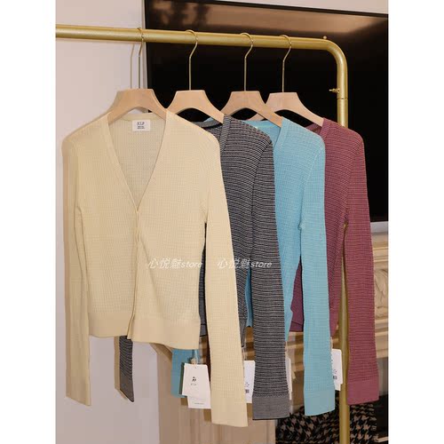 J家 羊毛真丝混纺18针坑条华夫格V领修身显瘦针织外套开衫6535