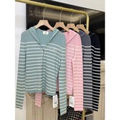 24早秋新款 J家16针坑条美丽奴羊毛条纹拉链连帽针织开衫 外套5005