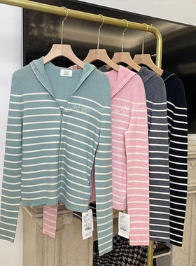 24早秋新款J家16针坑条美丽奴羊毛条纹拉链连帽针织开衫外套5005