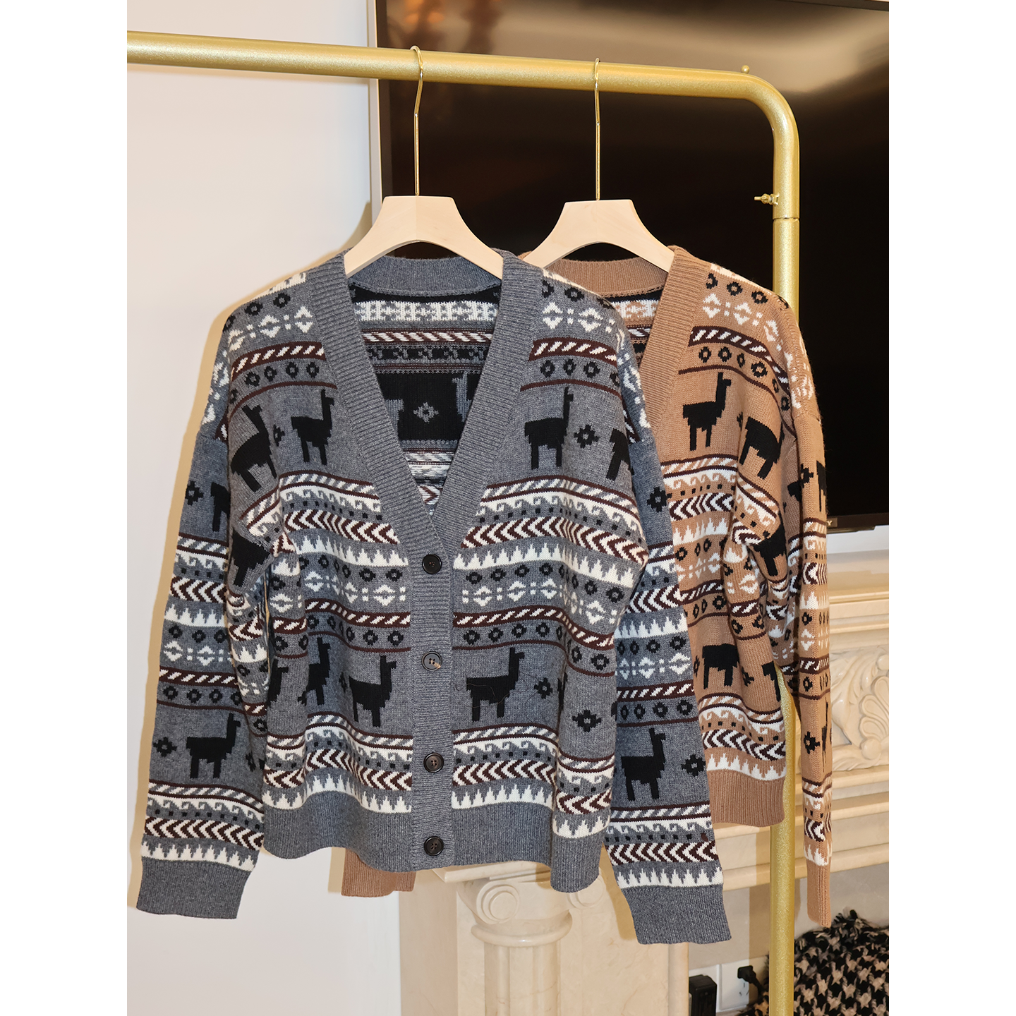 秋冬慵懒宽松费尔岛复古V领撞色提花羊毛针织开衫外套041,女装/女士精品,毛针织衫,淘宝优惠券,粉丝福利购,淘宝优惠卷