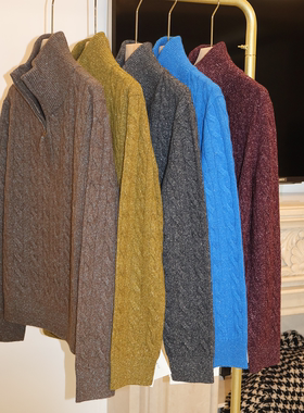 J家 真丝羊绒5针扭绳拉链立领经典绞花套头针织上衣36722