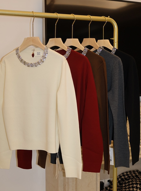 J家 18针打基美丽奴羊毛优雅气质钻领套头针织上衣76317