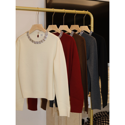 J家 18针打基美丽奴羊毛优雅气质钻领套头针织上衣76317