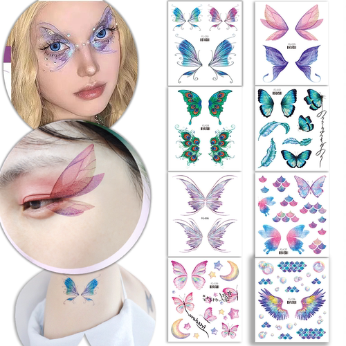 瑞卡龙闪粉蝴蝶纹身贴天使翅膀眼睛网红直播面部彩绘儿童脸上贴纸